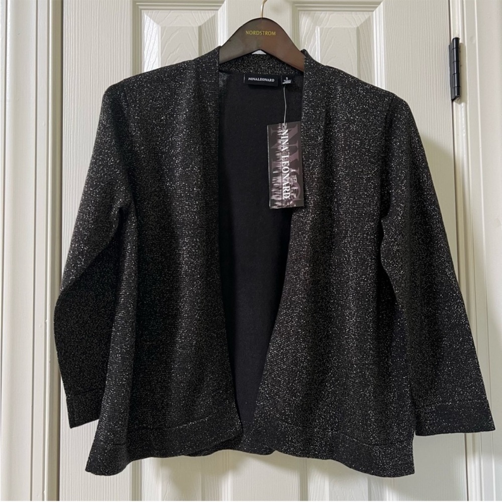 Nina Leonard Black Metallic Shimmer Long Sleeve Shrug Open Cardigan NWT Size M